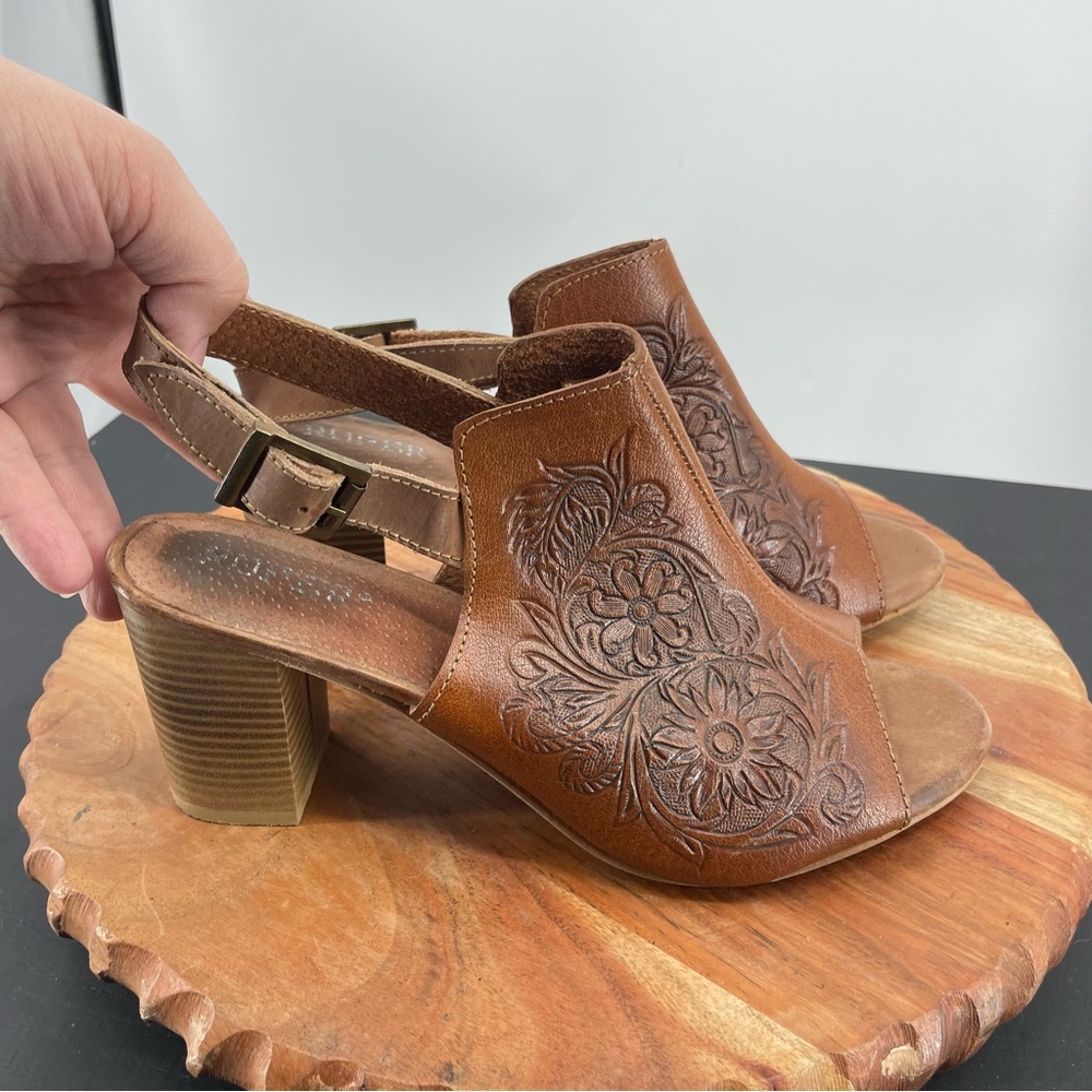 Roper Tan Open-Toe Ankle Booties with Floral Embossing